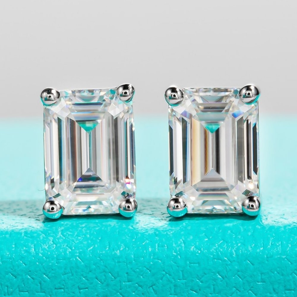 Certified 4ct. t.w. Moissanite Diamond Emerald Cut Stud Earrings NEW
